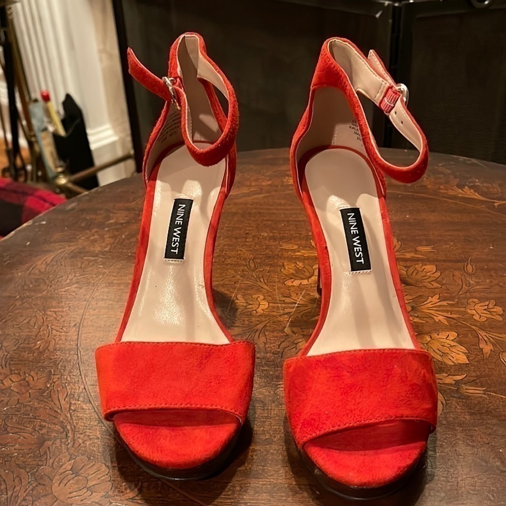 Nine West Red Suede Platform Ankle-Strap Heels